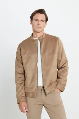Men's Beige Standard Fit Regular Fit Stand-Up Collar Suede Jacket-Beige - 5