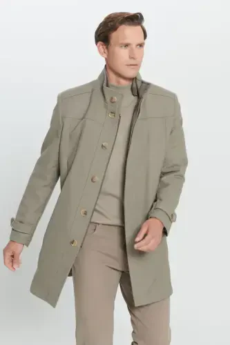 Men's Beige Standard Fit Regular Fit Stand-Up Collar Wool Patterned Coat-Beige - 1