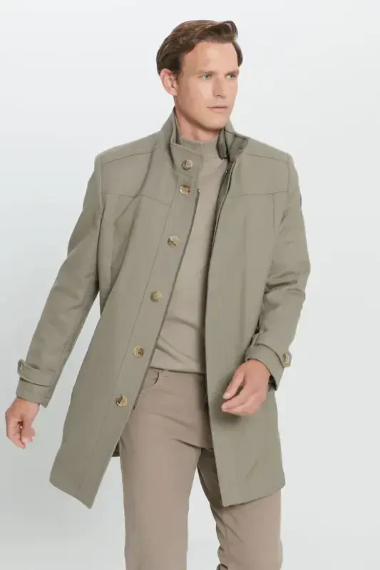 Men's Beige Standard Fit Regular Fit Stand-Up Collar Wool Patterned Coat-Beige - ALTINYILDIZ CLASSICS