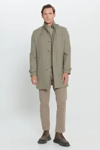 Men's Beige Standard Fit Regular Fit Stand-Up Collar Wool Patterned Coat-Beige - 3