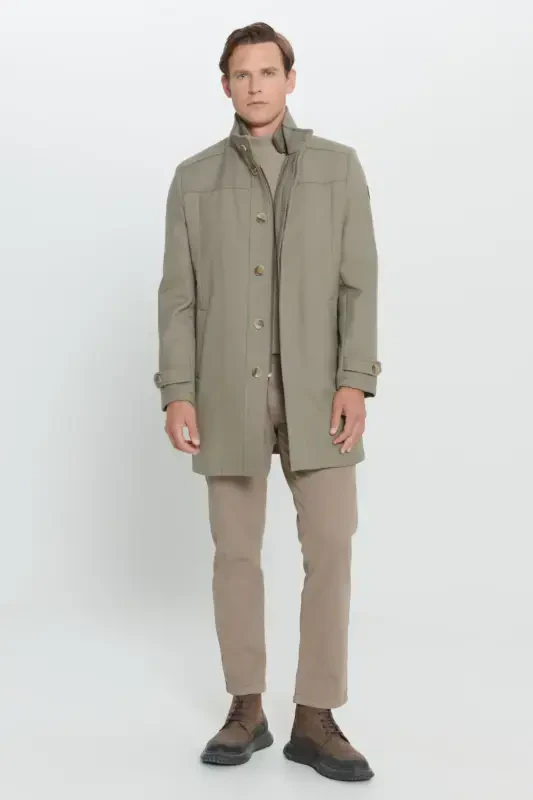 Men's Beige Standard Fit Regular Fit Stand-Up Collar Wool Patterned Coat-Beige - 3