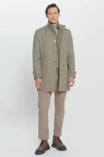 Men's Beige Standard Fit Regular Fit Stand-Up Collar Wool Patterned Coat-Beige - 4