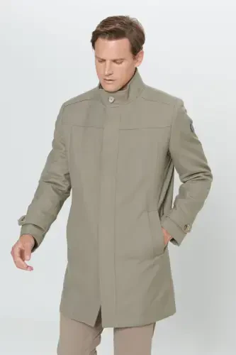 Men's Beige Standard Fit Regular Fit Stand-Up Collar Wool Patterned Coat-Beige - 5
