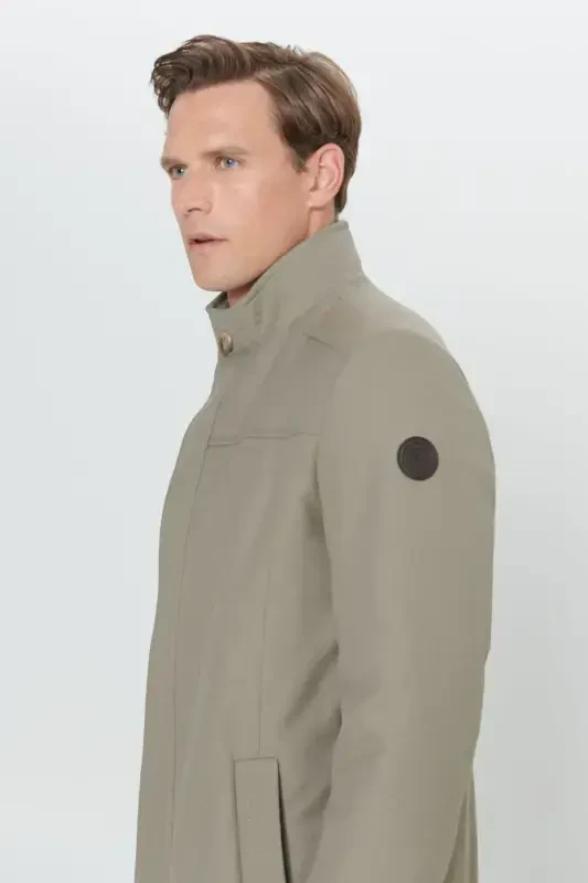 Men's Beige Standard Fit Regular Fit Stand-Up Collar Wool Patterned Coat-Beige - 6