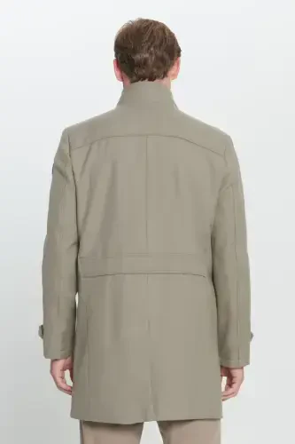 Men's Beige Standard Fit Regular Fit Stand-Up Collar Wool Patterned Coat-Beige - 7