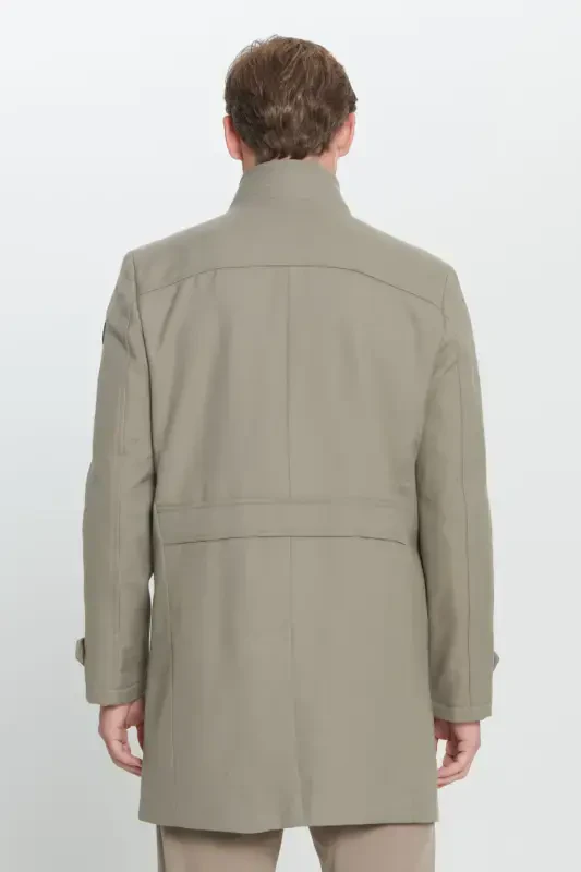 Men's Beige Standard Fit Regular Fit Stand-Up Collar Wool Patterned Coat-Beige - 7