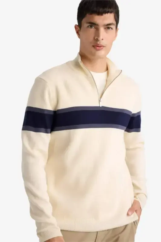 Men's Beige Standard Fit Regular Fit Turtleneck Half Zipper Striped Knitted Sweater-Sand - 1