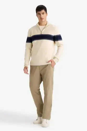 Men's Beige Standard Fit Regular Fit Turtleneck Half Zipper Striped Knitted Sweater-Sand - DEFACTO (1)