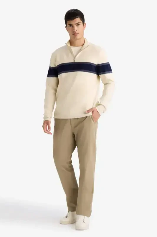 Men's Beige Standard Fit Regular Fit Turtleneck Half Zipper Striped Knitted Sweater-Sand - 2