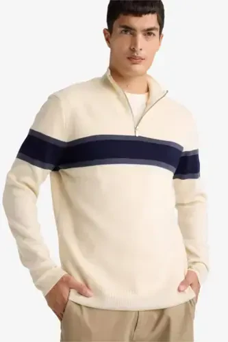 Men's Beige Standard Fit Regular Fit Turtleneck Half Zipper Striped Knitted Sweater-Sand - 3