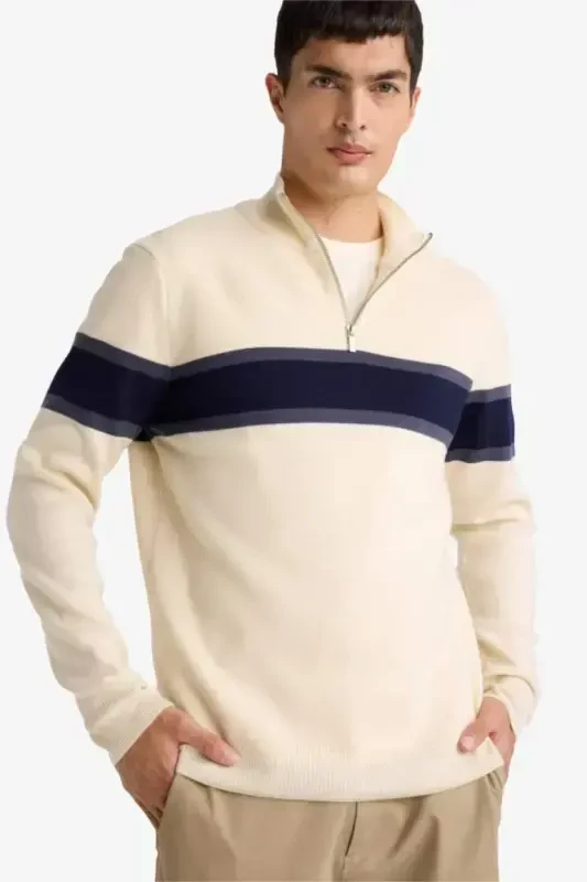 Men's Beige Standard Fit Regular Fit Turtleneck Half Zipper Striped Knitted Sweater-Sand - 3