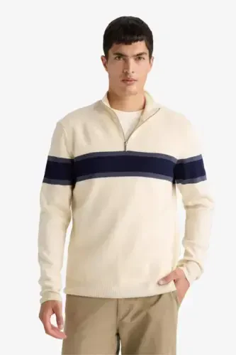 Men's Beige Standard Fit Regular Fit Turtleneck Half Zipper Striped Knitted Sweater-Sand - 4