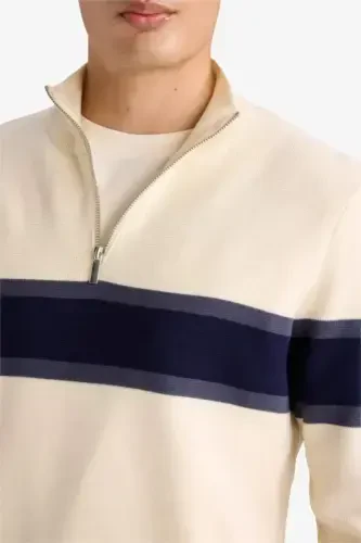 Men's Beige Standard Fit Regular Fit Turtleneck Half Zipper Striped Knitted Sweater-Sand - 5