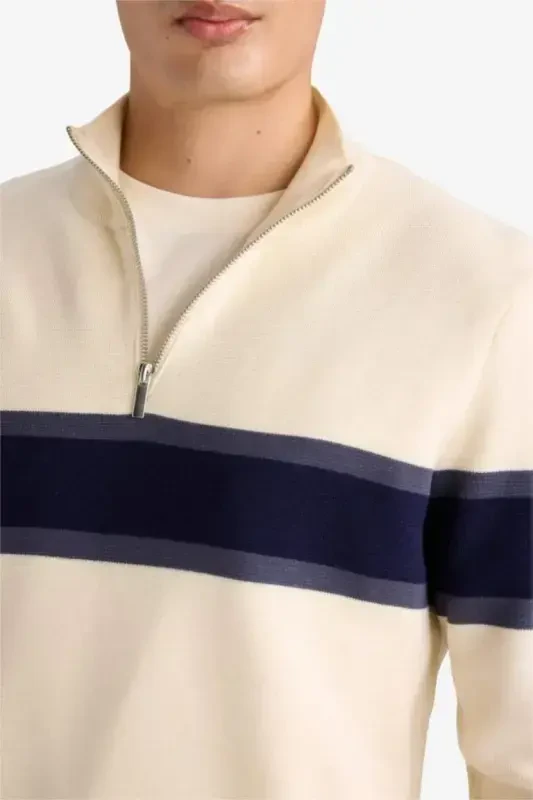 Men's Beige Standard Fit Regular Fit Turtleneck Half Zipper Striped Knitted Sweater-Sand - 5