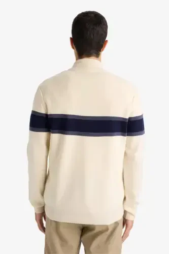 Men's Beige Standard Fit Regular Fit Turtleneck Half Zipper Striped Knitted Sweater-Sand - 6