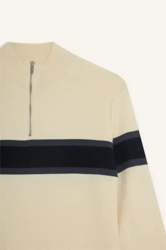 Men's Beige Standard Fit Regular Fit Turtleneck Half Zipper Striped Knitted Sweater-Sand - 8