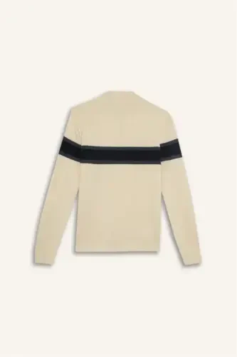 Men's Beige Standard Fit Regular Fit Turtleneck Half Zipper Striped Knitted Sweater-Sand - 9