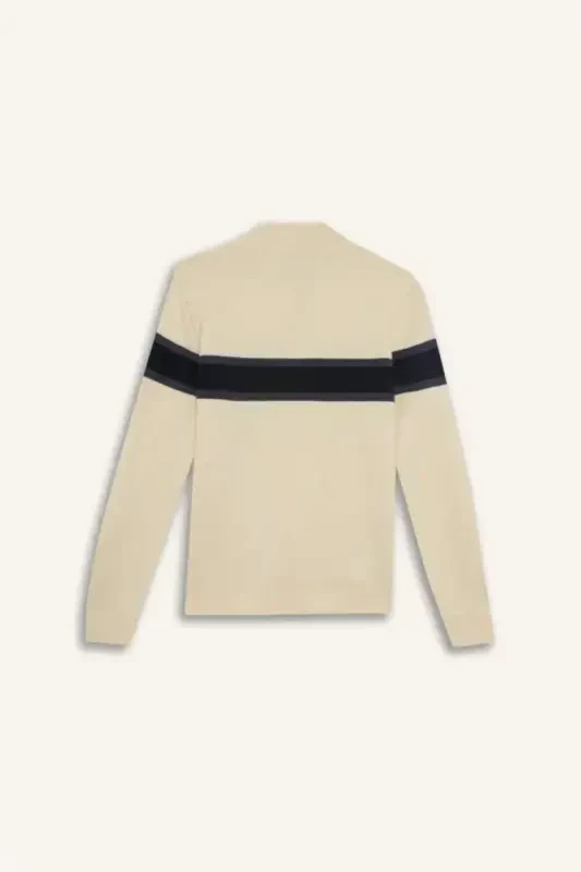 Men's Beige Standard Fit Regular Fit Turtleneck Half Zipper Striped Knitted Sweater-Sand - 9