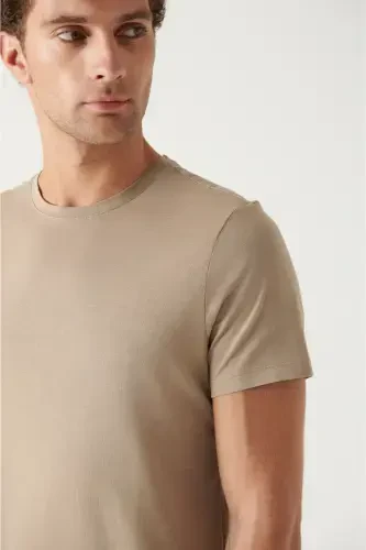 Men's Beige T-shirt 100% Cotton Breathable Crew Neck Regular Fit E001000 - AVVA (1)