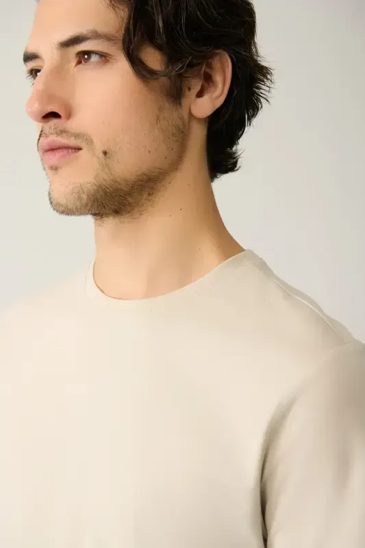 Men's Beige T-Shirt 100% Cotton Breathable Round Neck Regular Fit E001000 - 2