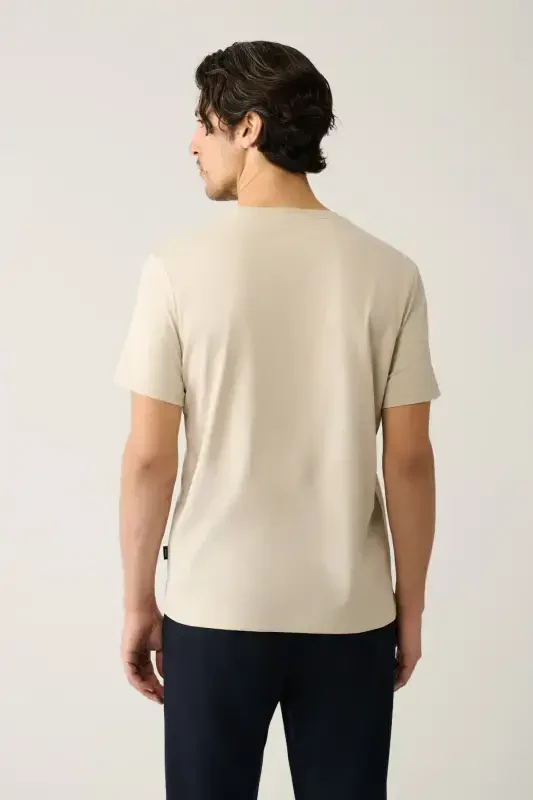 Men's Beige T-Shirt 100% Cotton Breathable Round Neck Regular Fit E001000 - 4