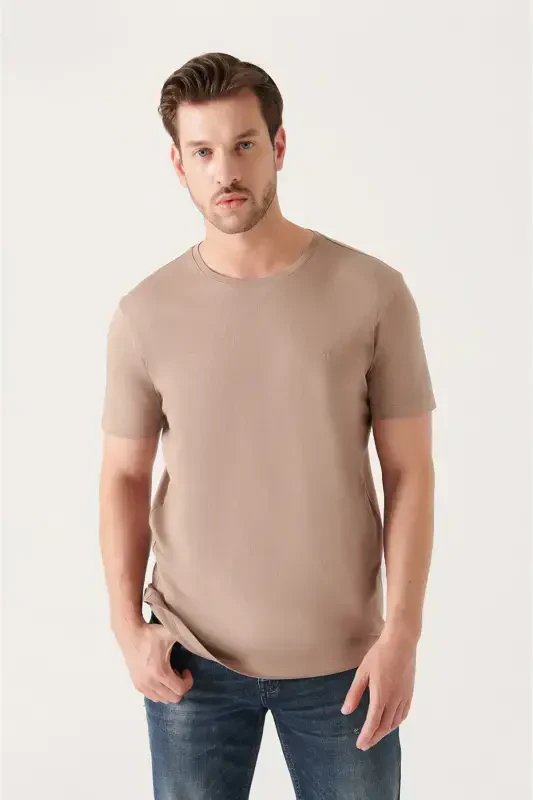 Men's Beige T-shirt Ultrasoft Crew Neck Plain Regular Fit Modal B001171 - 1