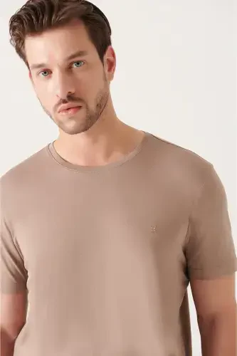Men's Beige T-shirt Ultrasoft Crew Neck Plain Regular Fit Modal B001171 - AVVA (1)