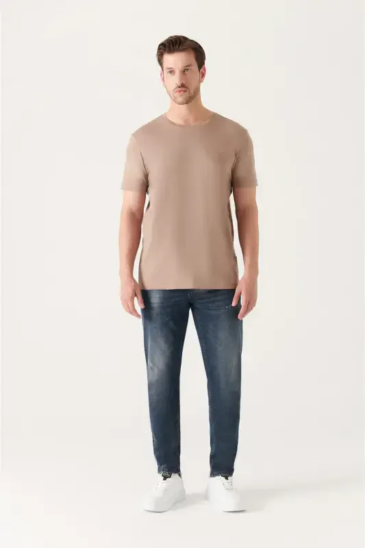 Men's Beige T-shirt Ultrasoft Crew Neck Plain Regular Fit Modal B001171 - 4