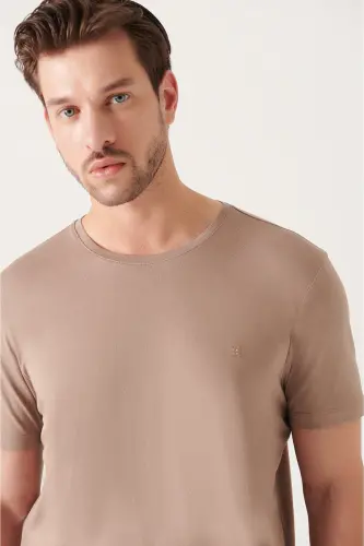 Men's Beige T-shirt Ultrasoft Crew Neck Plain Regular Fit Modal B001171 - AVVA (1)