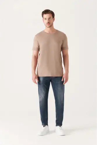 Men's Beige T-shirt Ultrasoft Crew Neck Plain Regular Fit Modal B001171 - 4