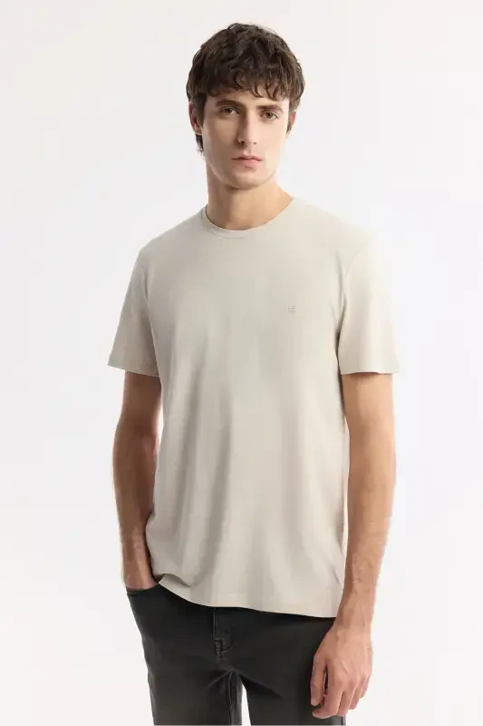 Men's Beige T-shirt Ultrasoft Crew Neck Plain Regular Fit Modal B001171 - 5