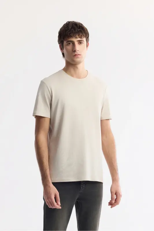 Men's Beige T-shirt Ultrasoft Crew Neck Plain Regular Fit Modal B001171 - 1