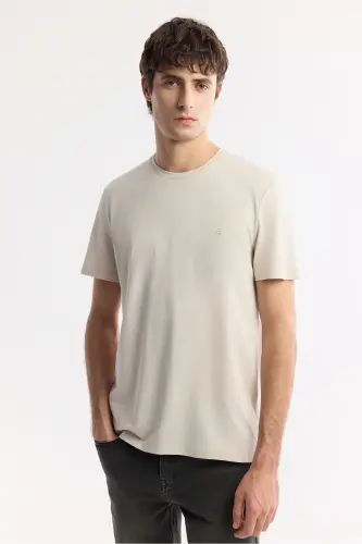 Men's Beige T-shirt Ultrasoft Crew Neck Plain Regular Fit Modal B001171 - 5