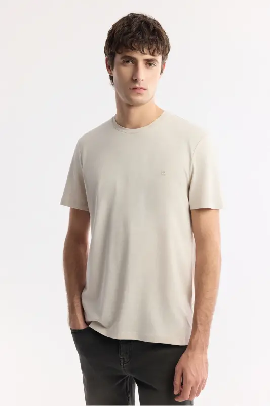 Men's Beige T-shirt Ultrasoft Crew Neck Plain Regular Fit Modal B001171 - 5