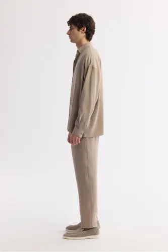 Men's Beige Under-Buttoned Brit Collar Modal Blend Comfort - 3