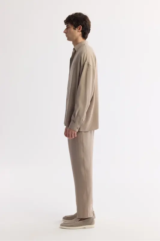 Men's Beige Under-Buttoned Brit Collar Modal Blend Comfort - 3