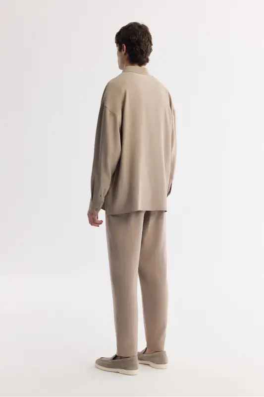 Men's Beige Under-Buttoned Brit Collar Modal Blend Comfort - 4