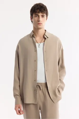 Men's Beige Under-Buttoned Brit Collar Modal Blend Comfort - 6
