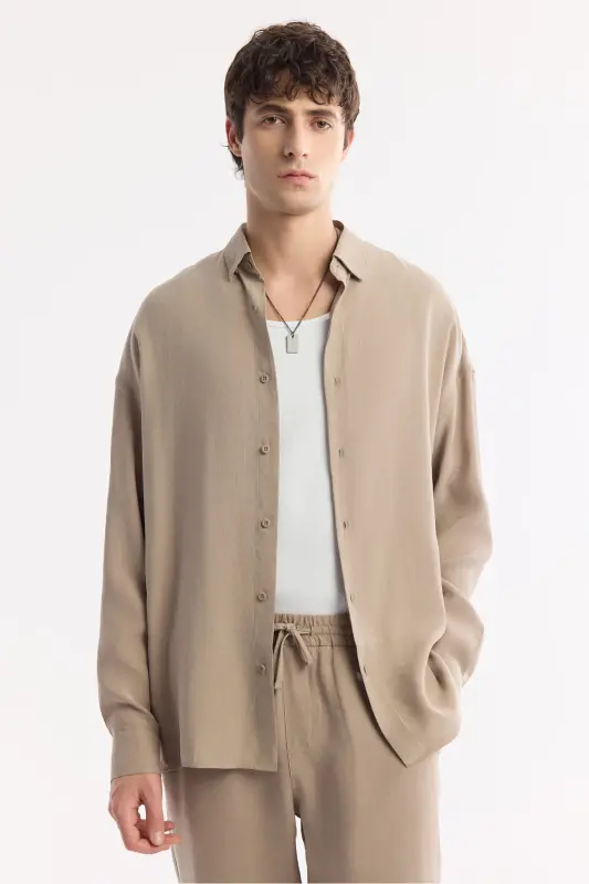 Men's Beige Under-Buttoned Brit Collar Modal Blend Comfort - 6