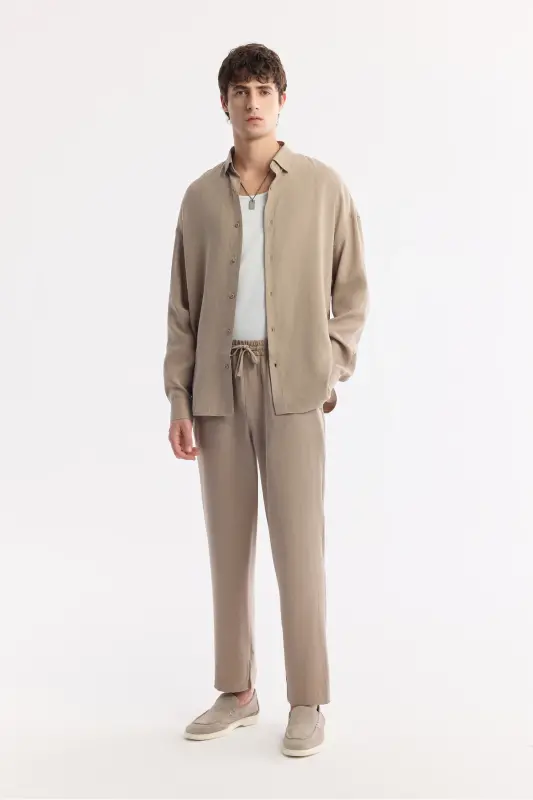 Men's Beige Under-Buttoned Brit Collar Modal Blend Comfort - 7