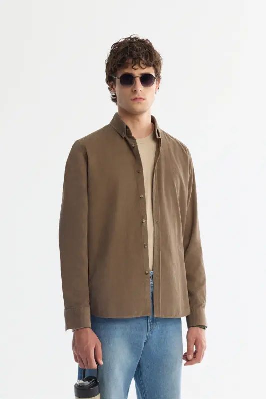 Men's Beige Unisex Shirt Buttoned Collar Ribbed Velvet 100% Cotton Regular Fit B002032 - AVVA