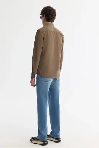 Men's Beige Unisex Shirt Buttoned Collar Ribbed Velvet 100% Cotton Regular Fit B002032 - 4