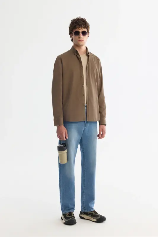 Men's Beige Unisex Shirt Buttoned Collar Ribbed Velvet 100% Cotton Regular Fit B002032 - 5