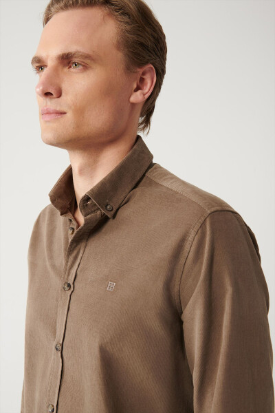 Men's Beige Unisex Shirt Buttoned Collar Ribbed Velvet 100% Cotton Regular Fit B002032 - 12