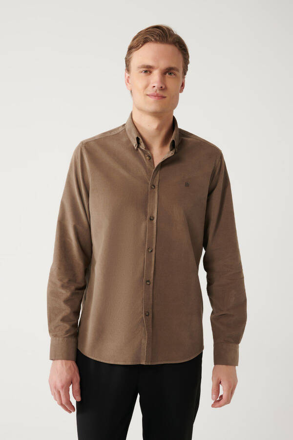 Men's Beige Unisex Shirt Buttoned Collar Ribbed Velvet 100% Cotton Regular Fit B002032 - 13