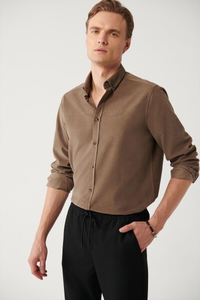 Men's Beige Unisex Shirt Buttoned Collar Ribbed Velvet 100% Cotton Regular Fit B002032 - 6