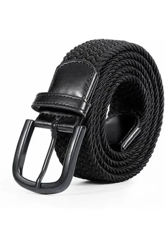 Men's Belt Black Braided Elastic Stretch Feature-Black - 6