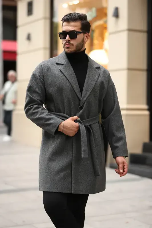 Men's Belted Oversize Comfort Fit Wool Coat-Anthracite - 1