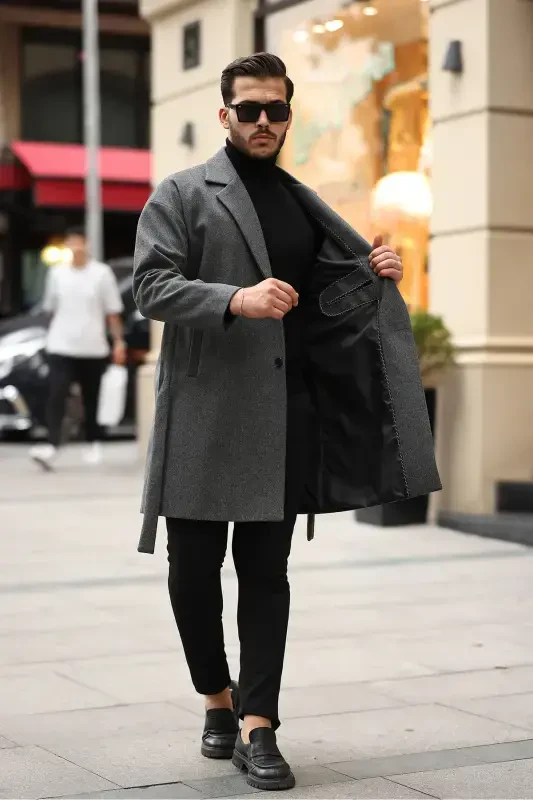 Men's Belted Oversize Comfort Fit Wool Coat-Anthracite - 2