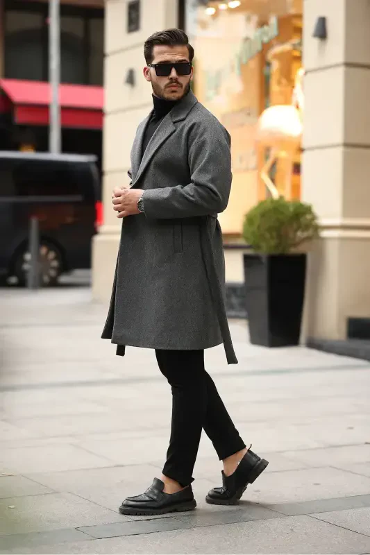 Men's Belted Oversize Comfort Fit Wool Coat-Anthracite - 3